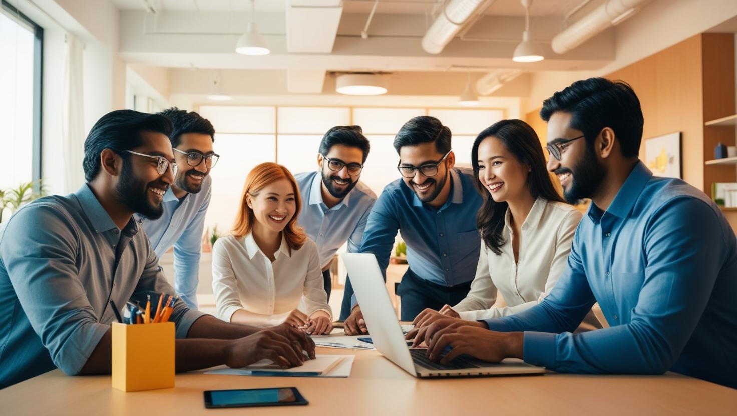 A group of people working together on a laptop in an office