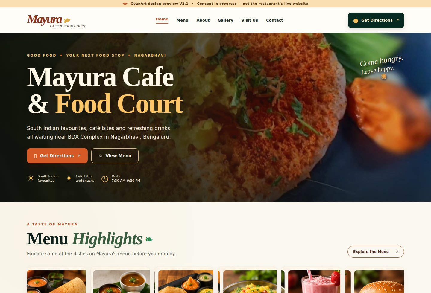 Actual desktop screenshot of the Mayura Cafe and Food Court public website design preview